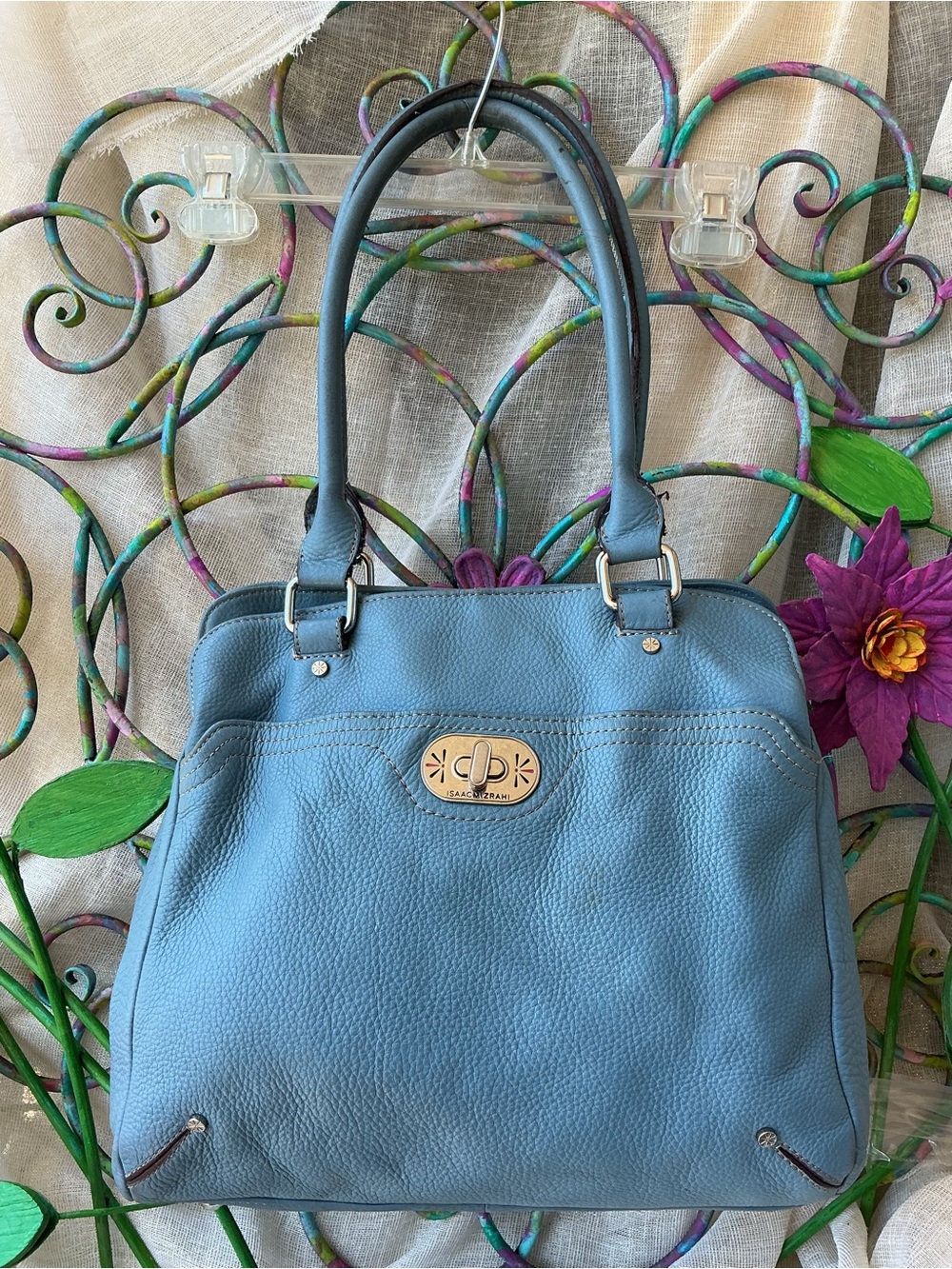 Isaac Mizrahi Muted Medium Blue Pebbled Leather Handbag